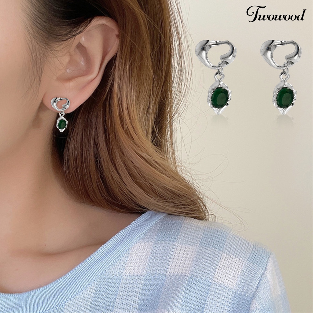 Twowood 1pasang Anting Tusuk Gaya Retro Tidak Teratur Berbentuk Hati Dipoles Hadiah Elegan Hias Kristal Hijau Imitasi Drop Earrings Untuk Pacaran