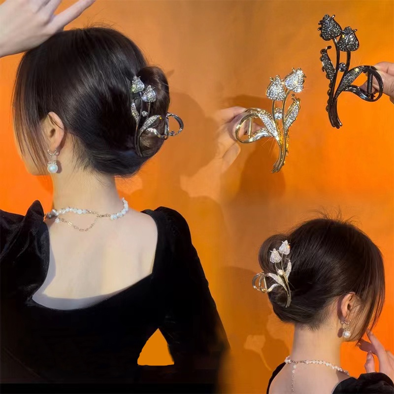Cahaya Mewah Berlian Imitasi Tulip Klip Hiu Besar Klip Indah Klip Rambut Perempuan Kembali Kepala Kepala Piring Klip Rambut