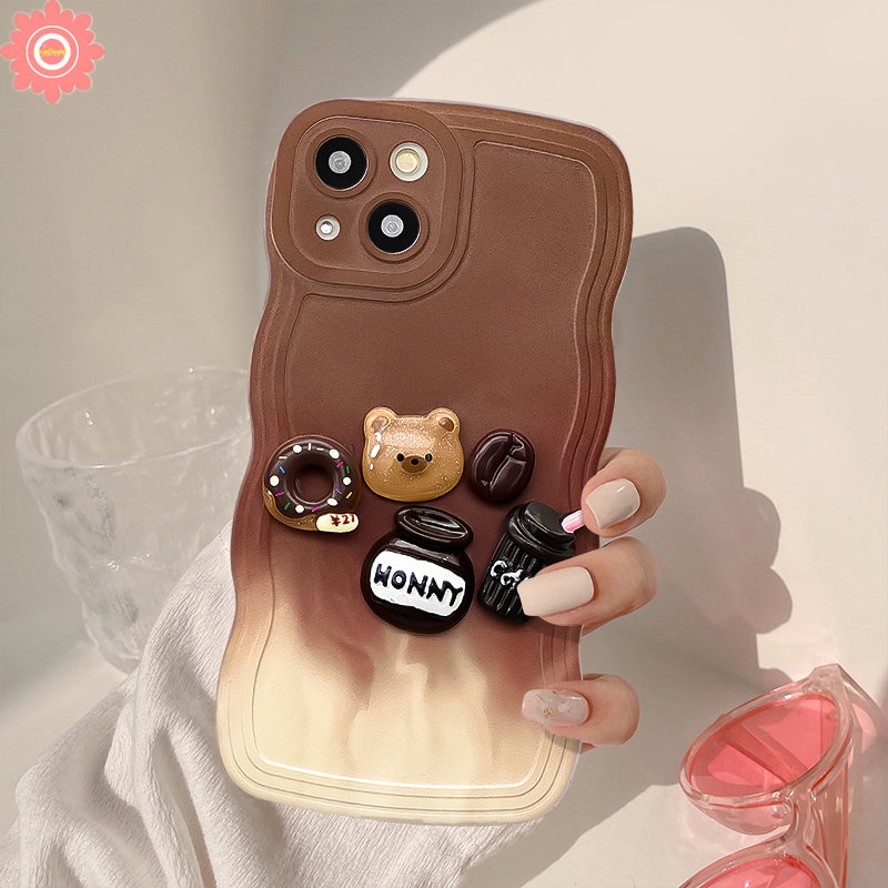 IPHONE Mainan Kartun 3D Lucu Beruang Kopi Donat Case Kompatibel Untuk Iphone11 7 8 Plus XR 13 12 14 Pro Max 6s 6x XS Max14 Plus SE 2020 Gradiasi Coklat Tepi Bergelombang Lembut TPU Cover