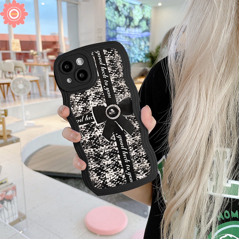 IPHONE Kompatibel Untuk Iphone11 7 8 Plus XR 13 12 14 Pro Max 6s 6x XS Max14 Plus SE 2020 7Plus Retro Fashion Hitam Bow-Knot Wavy Edge Soft Back Cover