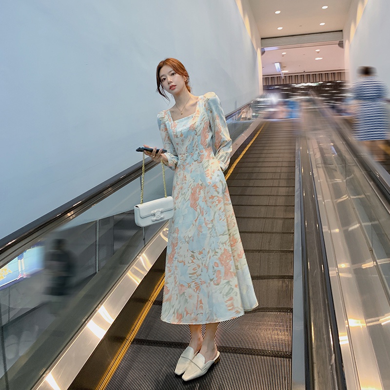 New square neck floral long-sleeved long dress