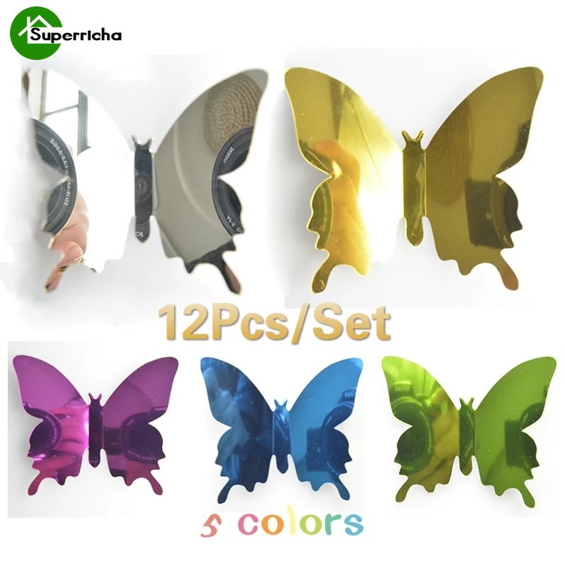 Hot Sale/12Pcs/set 3D Cermin Kupu-Kupu Stiker Dinding Decal/Removable Room Wall Art/Pesta Pernikahan Stiker Dinding Untuk Kamar Anak