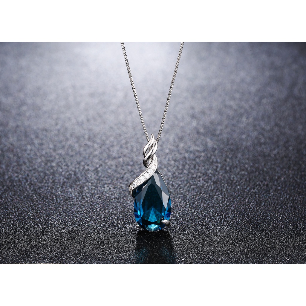 Goldkingdom Aksesoris Perhiasan Fashion Ready Stock Desain Kecil Perak Berlapis Perhiasan Fashion Droplet Berbentuk Safir Kristal Biru Topaz Liontin Kalung Pendant Perempuan