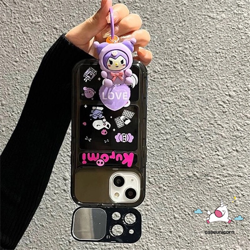 IPHONE Kartun Indah Kuromi Casing Ponsel Kompatibel Untuk Iphone11 12 13 14 Pro MAX XR 7 8 14 Plus X XS MAX SE Lucu Kreatif Flip Make Up Cermin Lembut TPU Silicon Shockproof Case