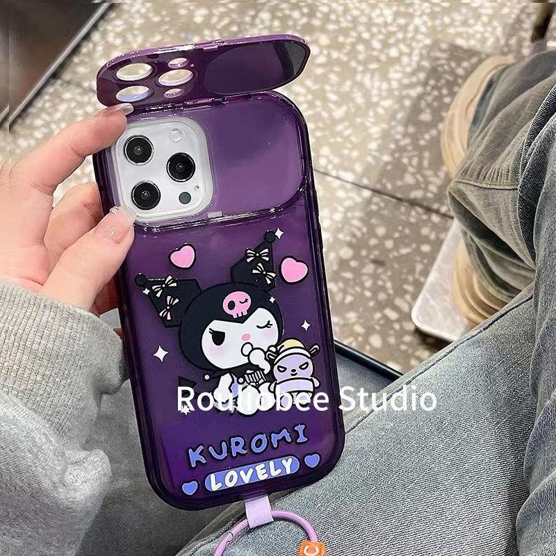 IPHONE Kuromi Liontin Makeup Mirror Holder TPU Phone Case Untuk Iphone11 12 13 Pro Max X/Xs Xr 7Plus 8Plus