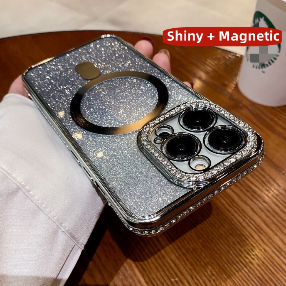 Casing Ponsel Magnetik Berlian Mengkilap Untuk Iphone14 13 12 11 Pro Max14 Plus Bumper Berlian Imitasi Mewah Casing Silikon Lembut iPhone Shockproof