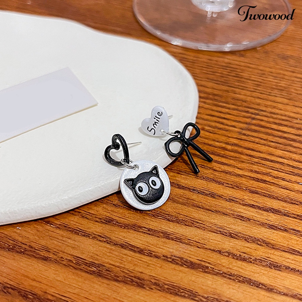 Twowood 1pasang Drop Earrings Desain Kartun Liontin Tidak Teratur Hypoallergenic Ultra-light Ear Ornament Aksesori Kitten Bow Stud Earrings Untuk Tanggal