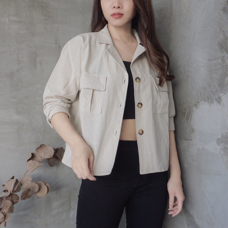 JAVASHOP Kemeja Linen Crop Outer Wanita