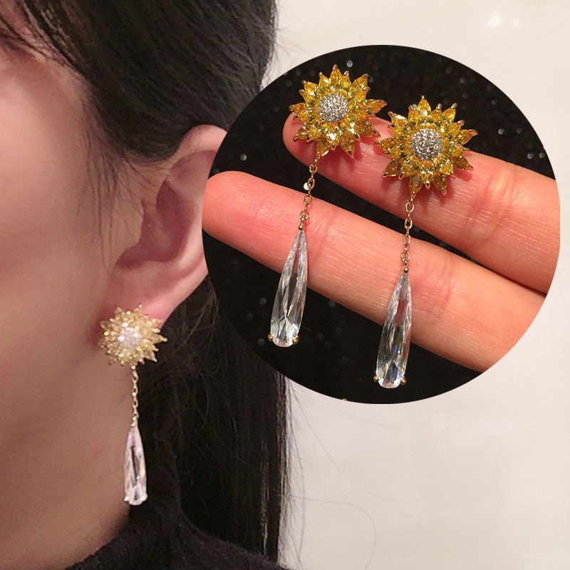 Goldkingdom Fashion Perhiasan Aksesoris Ready Stock Bunga Perak Jarum Anting Micro-set Zirkon Bunga Matahari Anting Berlian Kuning Mewah Anting