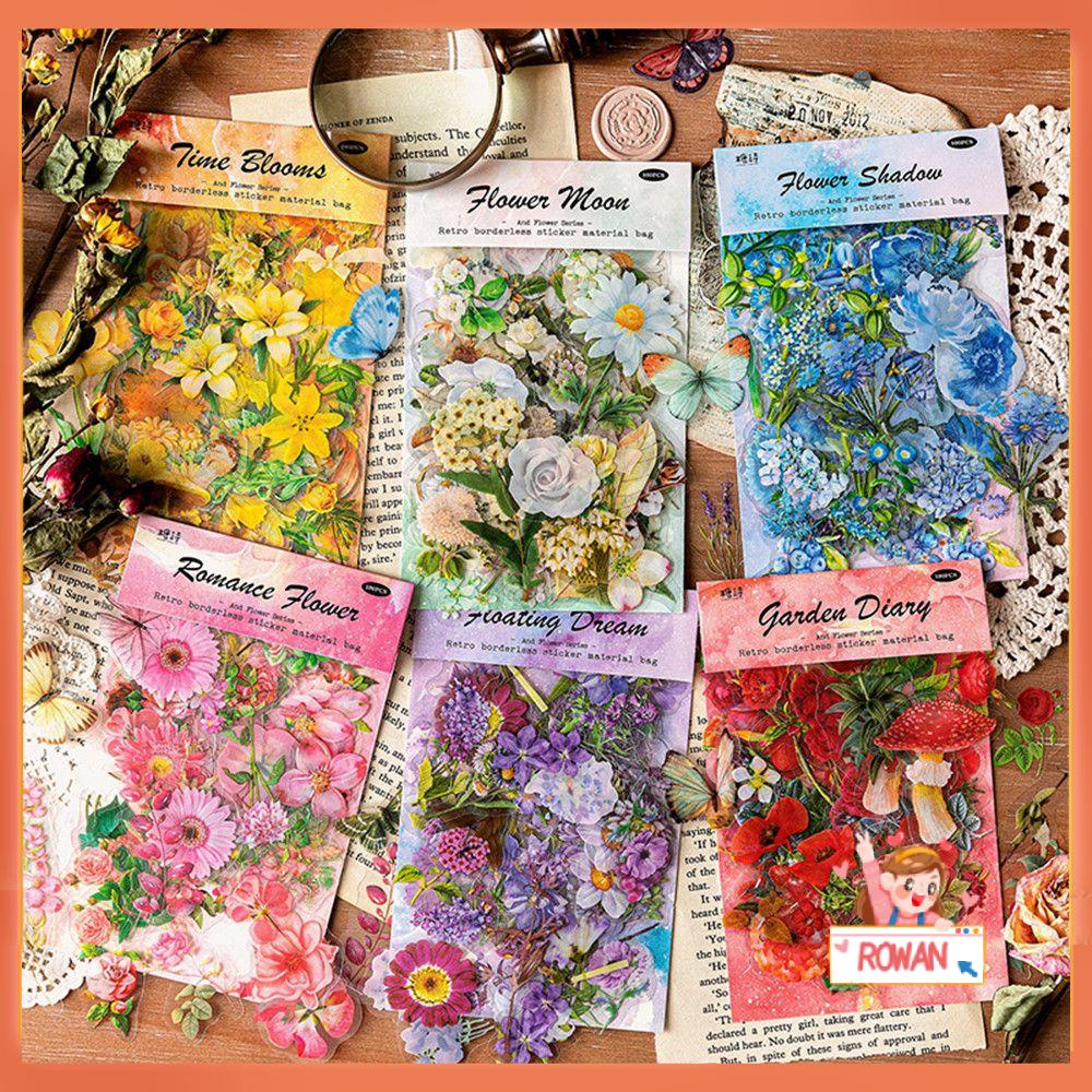 R-flower 100Pcs/Bag Stiker Botani Vintage Scrapbooking Aesthetic Bunga Bahan Stiker