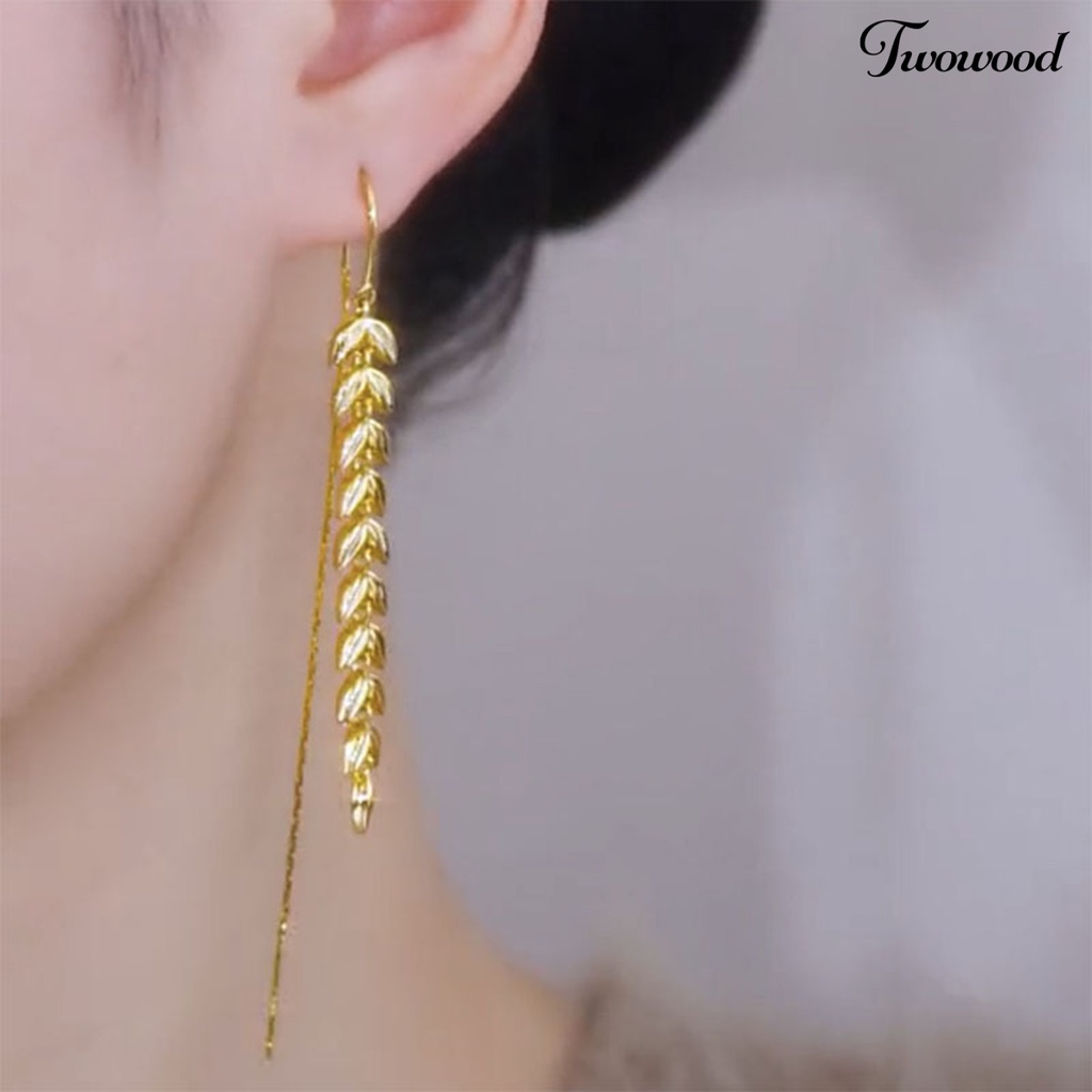 Twowood 1pasang Menjuntai Anting Electroplating Kepribadian Kelas Tinggi Desain Gandum Shiny Dress Up High-Gloss Wanita Panjang Rumbai Anting Fashion Perhiasan