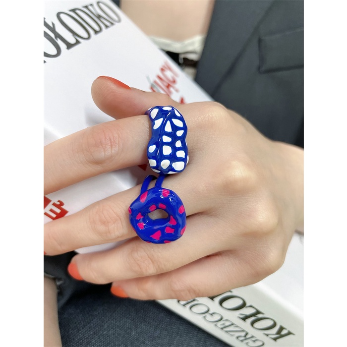 Goldkingdom Fashion Perhiasan Aksesoris Ready Stock Drip Minyak Digambar Tangan Tidak Luntur Pasang Hip Hop Ins Fashion Niche Desain Geometris Kontras Tidak Teratur Polkadot Cincin Wanita