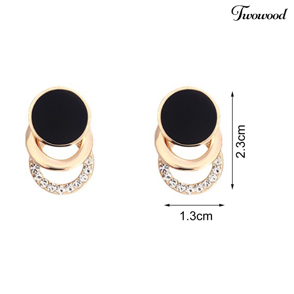 Twowood 1pasang Ear Studs Multi-layer 3cincin Bulat Lingkaran Hitam Hadiah Fashion Perhiasan Berlian Imitasi Berkilau Wanita Anting Untuk Harian