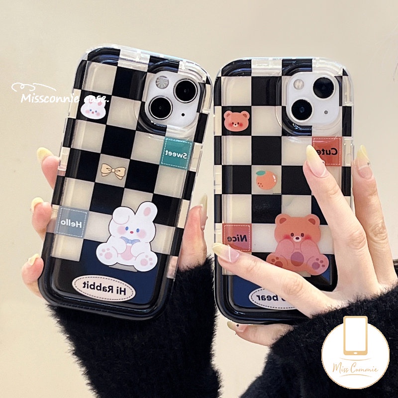 Kartun Lucu Beruang Kelinci Kotak-Kotak Pasangan Case Untuk Redmi 12C 10C 9a1 9T 10 9C NFC 10A 9A Redmi Note8 Note 10 11s 11 9 10s POCO F4 Airbag Shockproof Anti-Jatuh Lembut TPU Cover
