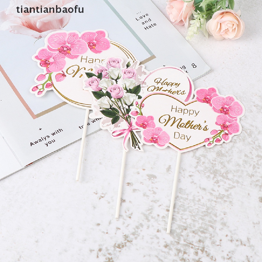 [tiantianbaofu] Hiasan Cupcake Dessert Bunga Hati Happy Mother's Day Birthday Cake Toppers Boutique