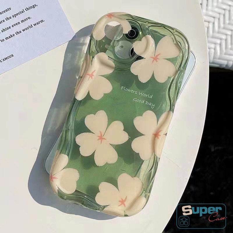 Floral 3D Wavy Curved Edge Fresh Case Kompatibel Untuk iPhone 7Plus 8Plus 11 14 12 13 Pro Max XR X 6s 6 7 8 Plus XS Max SE 2020bunga Musim Panas Lembut Tpu Shockproof Glossy Back Cover