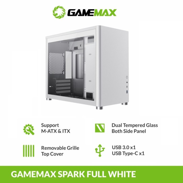 GameMax Spark Full White M-ATX Desktop Gaming Computer Case