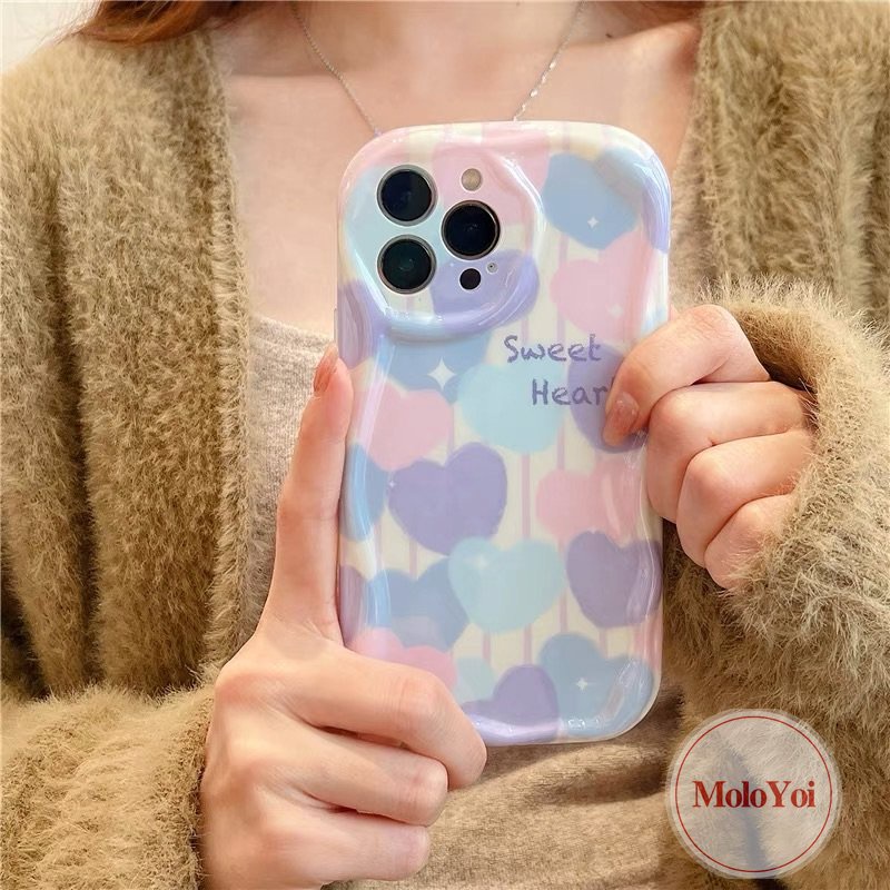 IPHONE Ins Lukisan Cat Minyak Cinta Hati Casing Kompatibel Untuk Iphone11 13 12 14 Pro Max XR 7plus 6s 6 7 8 Plus X XS Max SE 2020 Tpu Lembut Shockproof Airbag Glossy 3D Wavy Curved Edge Case