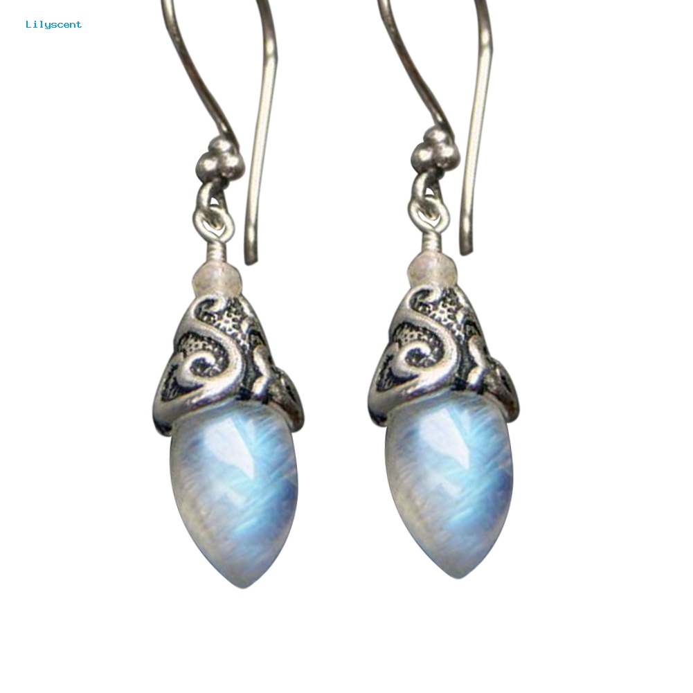 Lilyscent Cone Shape Artificial Moonstone Pendant Hook Earrings Retro Wanita Perhiasan Pesta