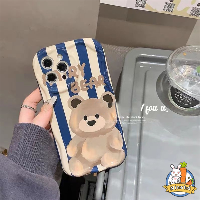 IPHONE Casing Kompatibel Untuk Iphone14 13 12 11 Pro Max X Xr Xs Max8 7 6 6s Plus SE 2020 Fashion Garis Biru Beruang Ponsel Case Perlindungan Lensa Shockproof Bumper Silikon Cover Pelindung