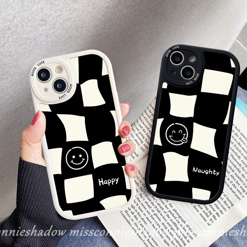 Casing Pasangan Case Infinix Smart5 6 Note8 Hot 9 11 10 Play 10s 11s 10T Hot 10 Lite Simple Fashion Hitam Putih Checkerboard Senyum Lucu Shockproof Lembut Tpu Penutup Belakang