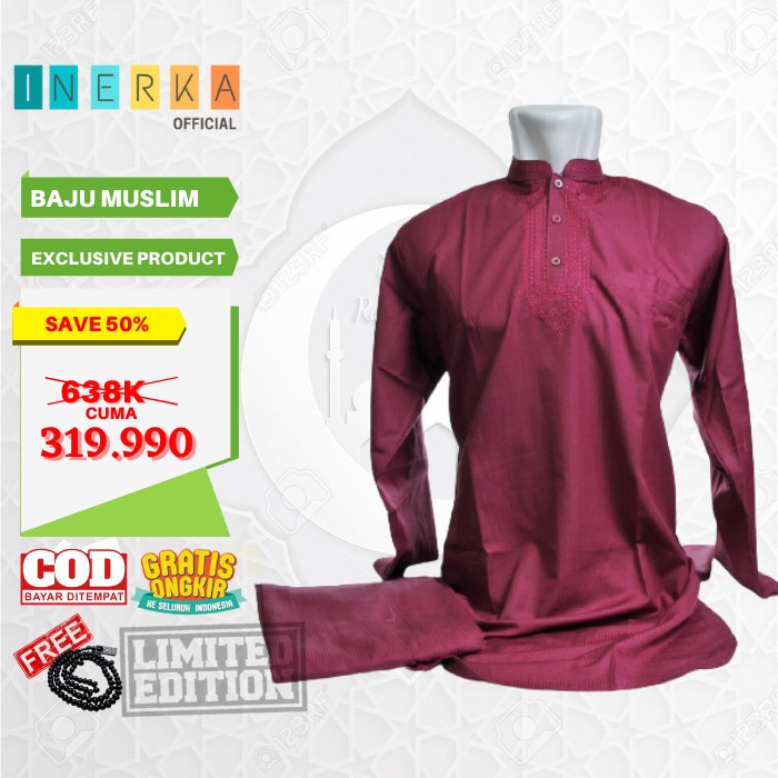 PROMO Baju Koko Kurta Pakistan Motif Pria Dewasa Muslim Merah Maroon - M