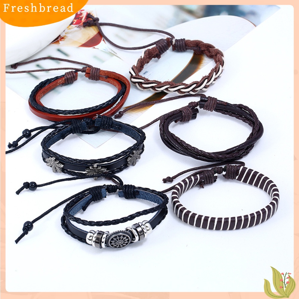 &lt; Freshbread &gt; 6Pcs Retro Pria Kulit Imitasi Hip Pop Punk Tengkorak Daun Kepang Gelang Pergelangan Tangan Perhiasan