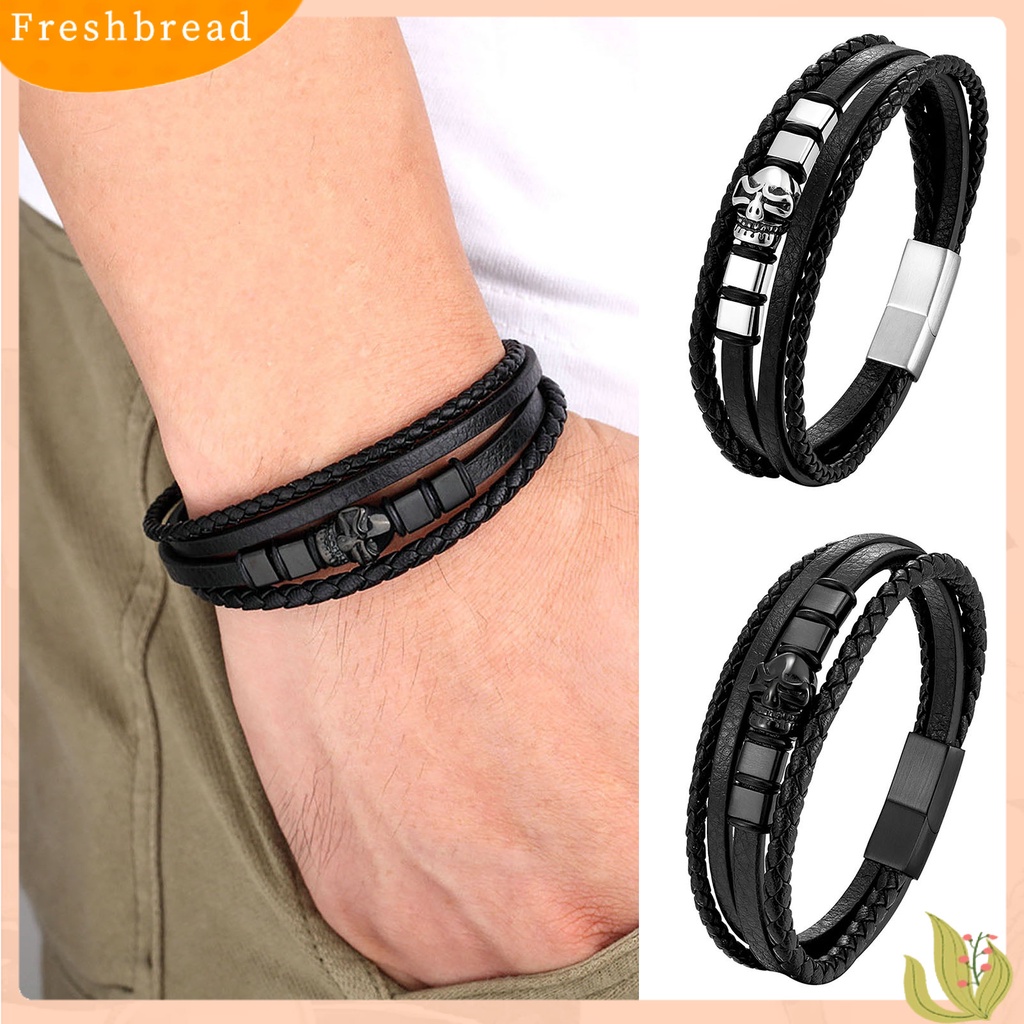 &lt; Freshbread &gt; Pria Gelang Handmade Anyaman Desain Tengkorak ic Gesper Geometris Dekoratif Hadiah Multilayer Bungkus Laki-Laki Kulit Imitasi Bangle Fashion Perhiasan Untuk Pakaian Sehari-Hari