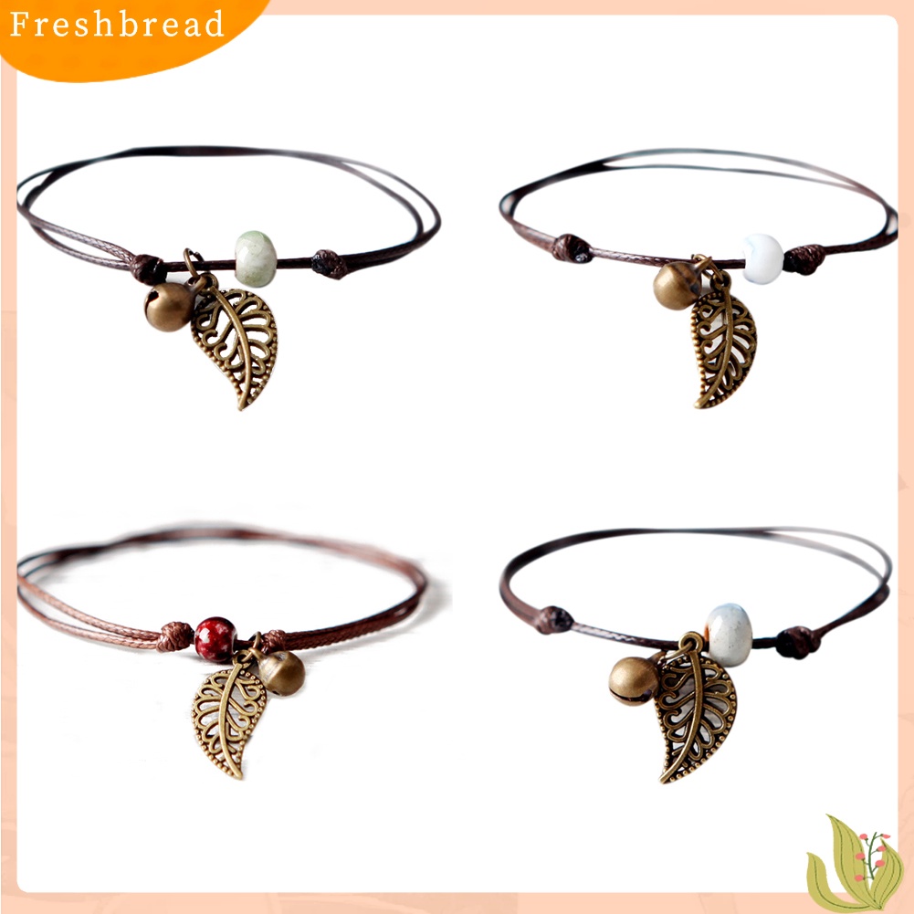 &lt; Freshbread &gt; Gelang Manik-Manik Keramik Bangle Tali Rantai Vintage Liontin Daun Perhiasan Pasangan