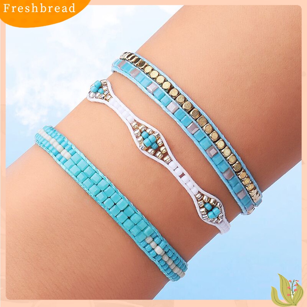 &lt; Freshbread &gt; 3Pcs/Set Boho Wanita Kubus Manik-Manik Tali Lilin Anyaman Gelang Pantai Perhiasan Hadiah