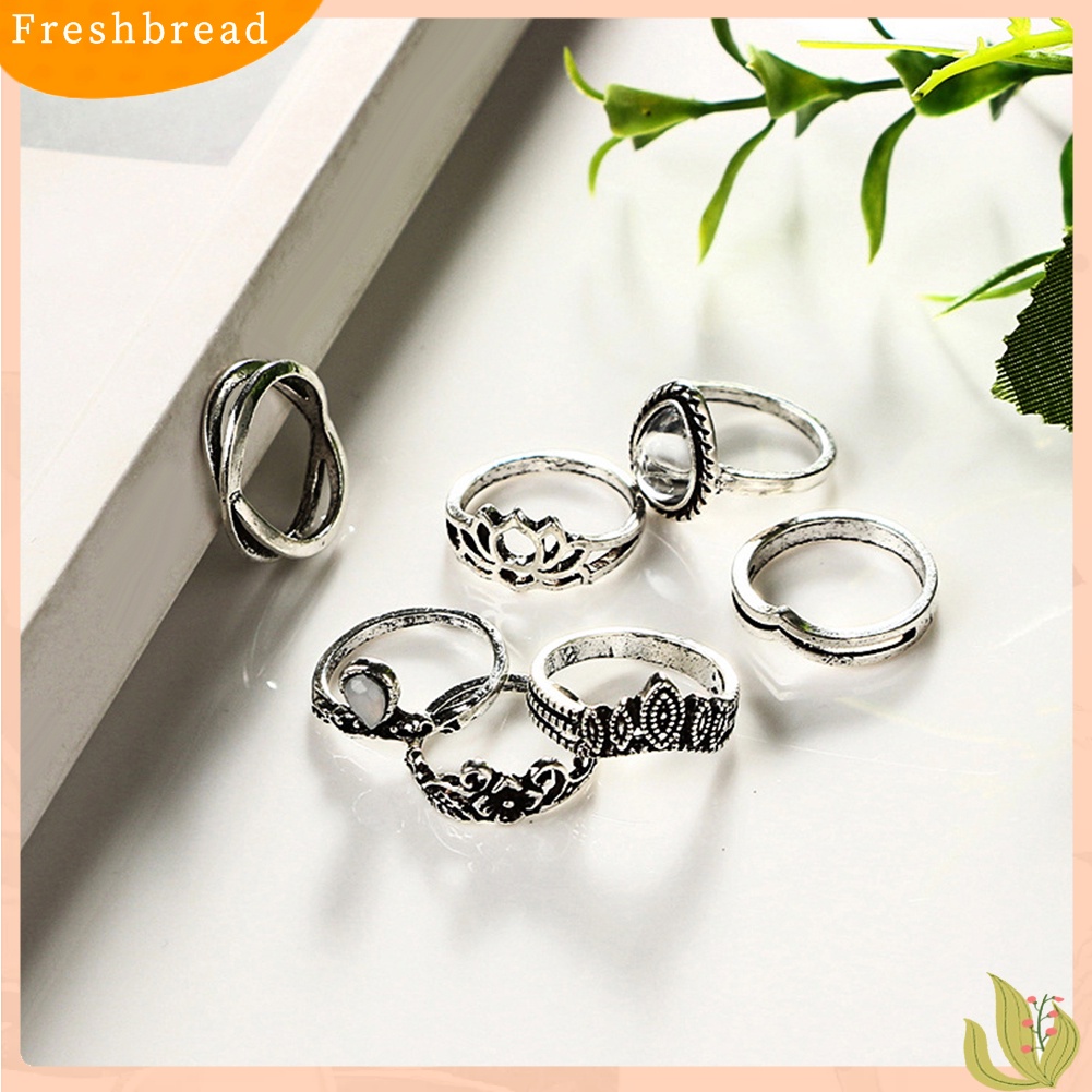 &lt; Freshbread &gt; 7pcs Vintage Wanita Berongga Ukiran Lotus Bunga Tetesan Air Buku Jari Midi Rings Set