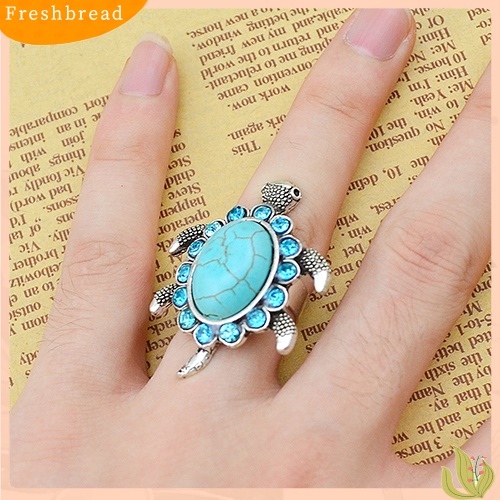 &lt; Freshbread &gt; Fashion Wanita Pirus Pola Kura Biru Berlian Imitasi Bertatahkan Jari Cincin