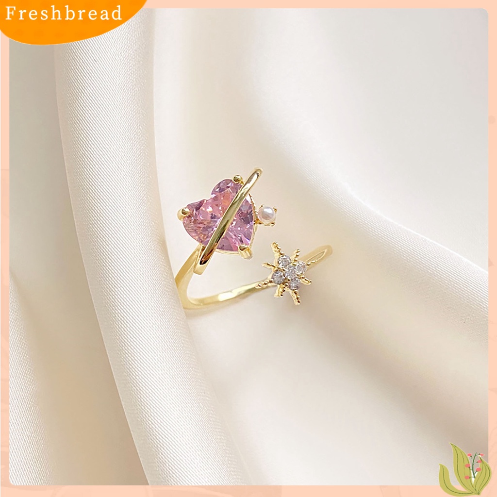 &lt; Freshbread &gt; Berlian Imitasi Bersinar Dapat Disesuaikan Wanita Cincin Pink Cubic Zirconia Jantung Pembukaan Cincin Perhiasan Aksesoris