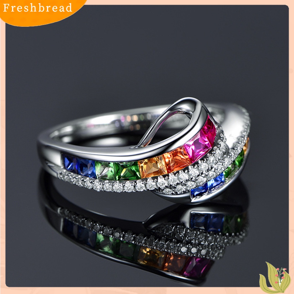 &lt; Freshbread &gt; Wanita Cincin Berlian Imitasi Mengkilap Hias Berkilau Geometris Electroplating Dekorasi Hadiah Rainbow Berwarna Faux Gemstone Party Ring Jewelry Untuk Pacaran