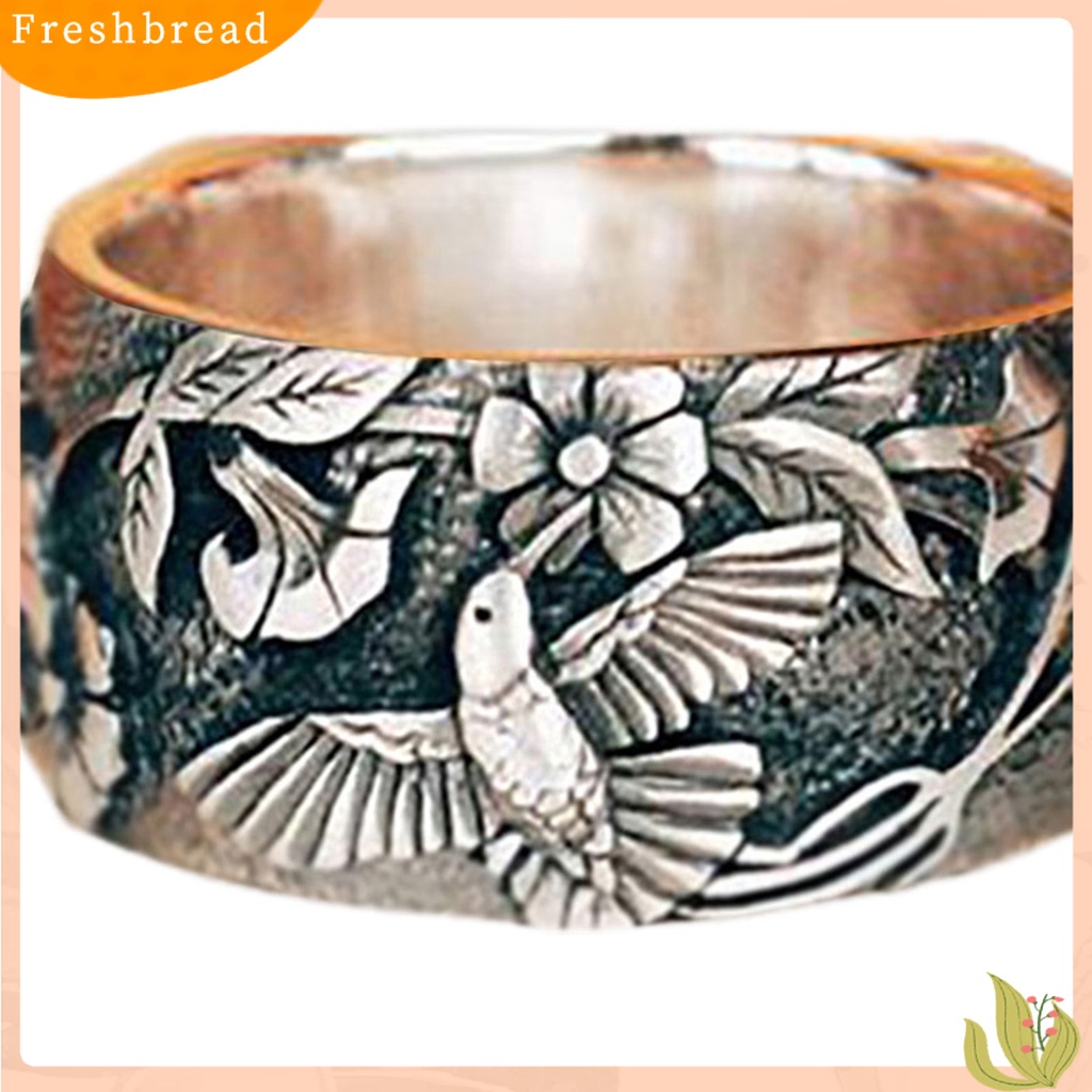 &lt; Freshbread &gt; Burung Pola Bunga Unisex Cincin Retro Warna Paduan Lebar Hip Hop Jari Cincin Aksesori Perhiasan