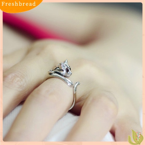 &lt; Freshbread &gt; Fashion Wanita Lucu Hewan Bentuk Kucing Berlian Imitasi Cincin Jari Terbuka Yang Dapat Disesuaikan