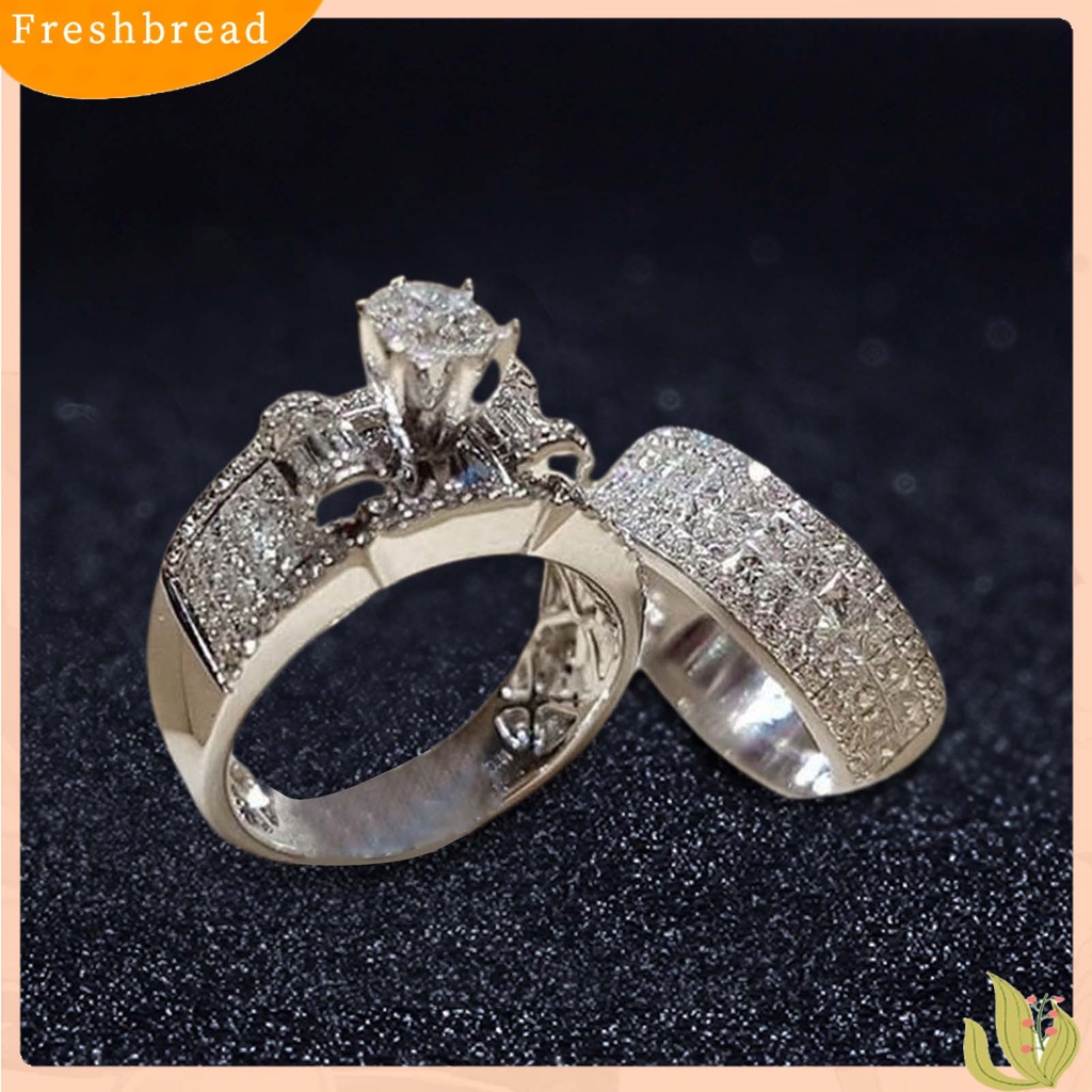 &lt; Freshbread &gt; 2Pcs/Set Lebar Sederhana Cincin Pasangan Paduan Bertatahkan Berlian Imitasi Bersinar Pernikahan Band Perhiasan Fashion
