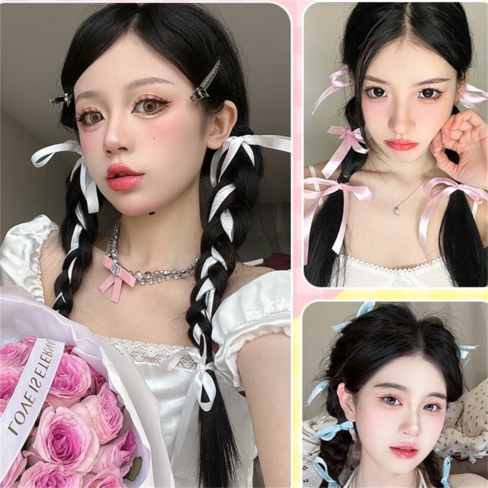 1 Pc Natural Bow Ribbon Wig Kepang Wanita Gadis Gelembung Ponytail Rambut Imitasi Wig Aksesoris