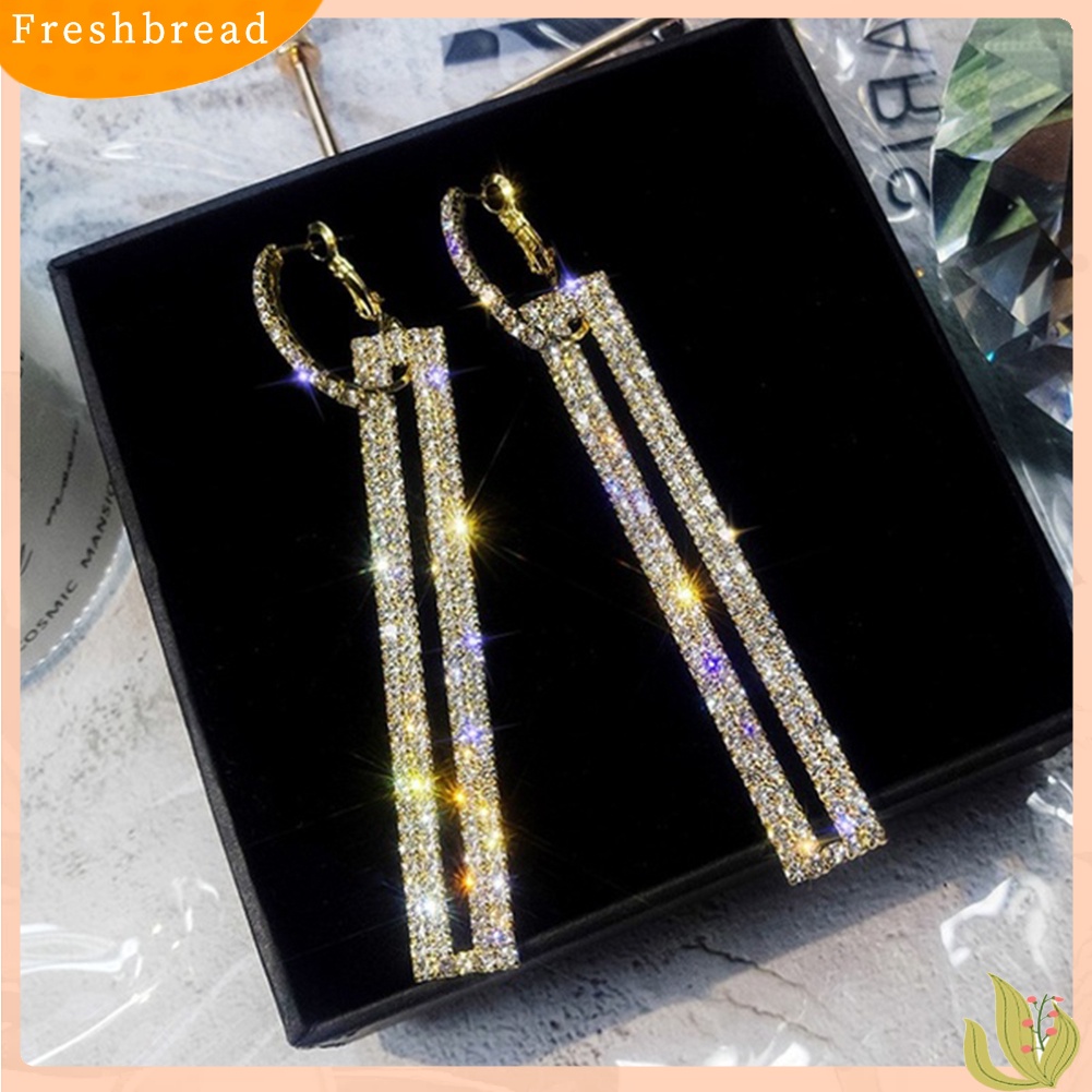 < Freshbread > Wanita Berlian Imitasi Hias Berongga Persegi Panjang Panjang Geometris Menjuntai Anting Perhiasan