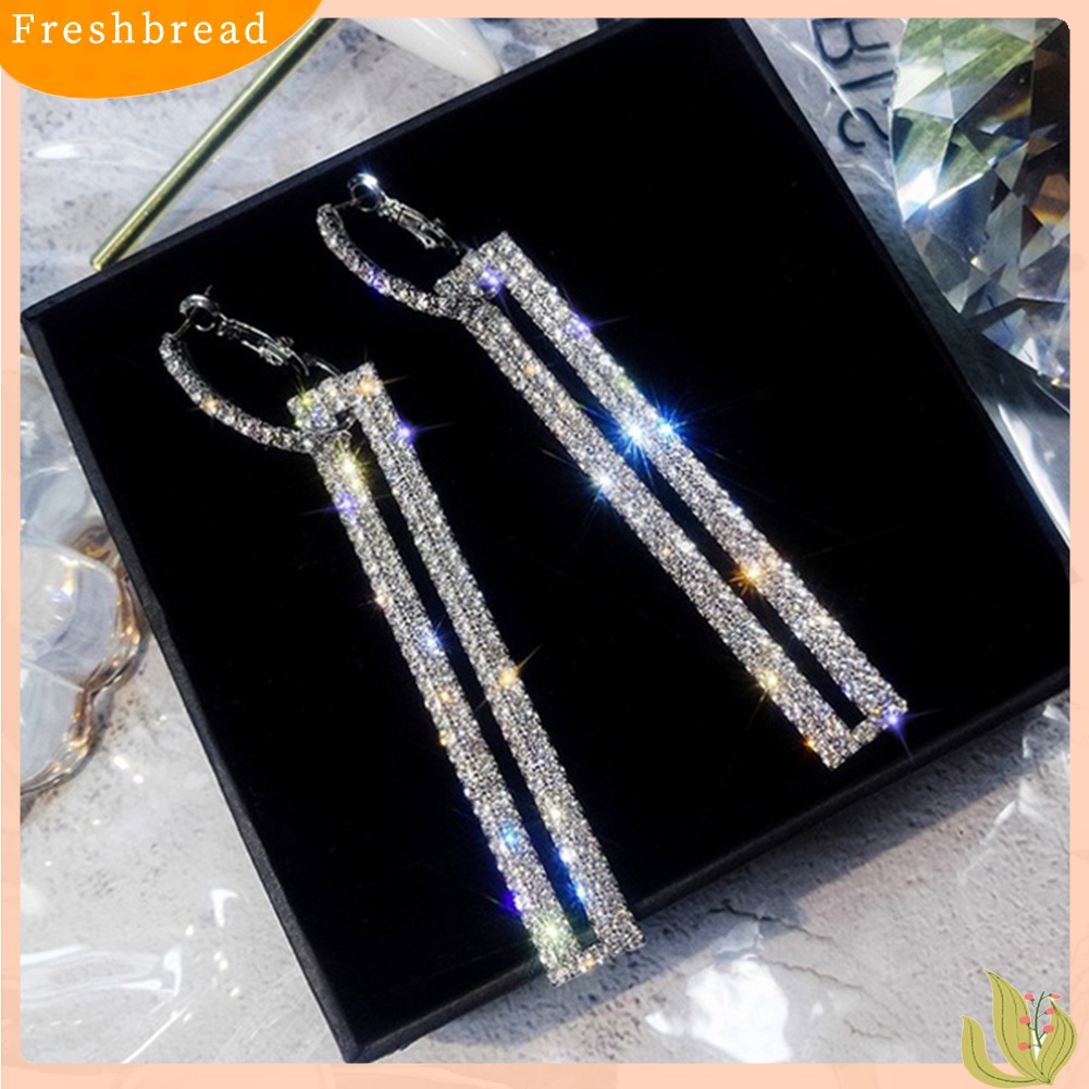 < Freshbread > Wanita Berlian Imitasi Hias Berongga Persegi Panjang Panjang Geometris Menjuntai Anting Perhiasan