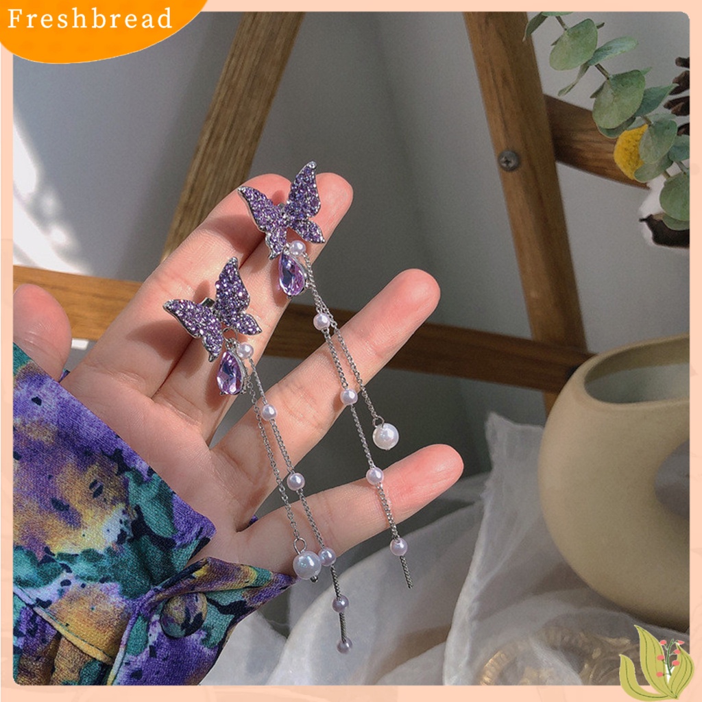 &lt; Freshbread &gt; 1pasang Anting Menjuntai Bentuk Kupu-Kupu Berlian Imitasi Indah Kelengketan Besar Drop Earrings Untuk Hadiah