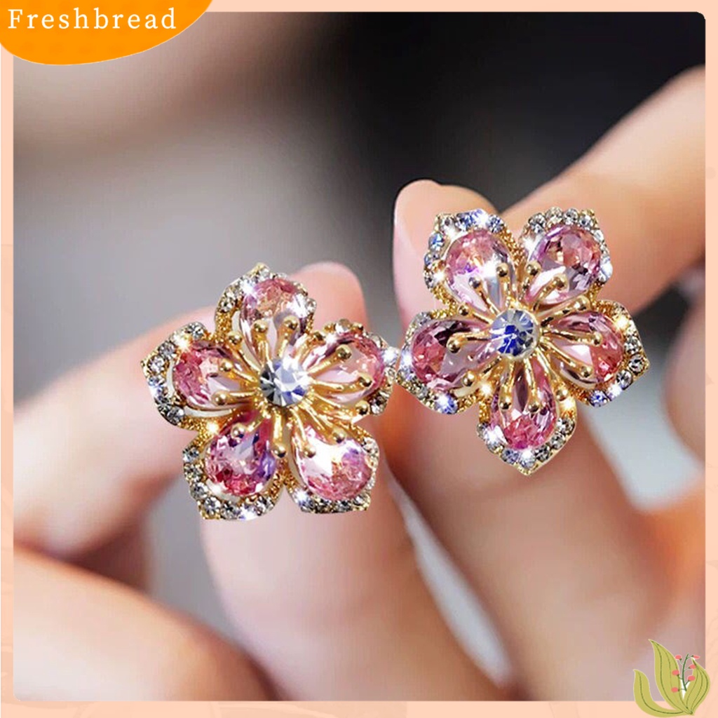 < Freshbread > 1pasang Anting Stud Glitter Tahan Lama Alloy Wanita Menawan Bunga Stud Ear Ring Untuk Pesta