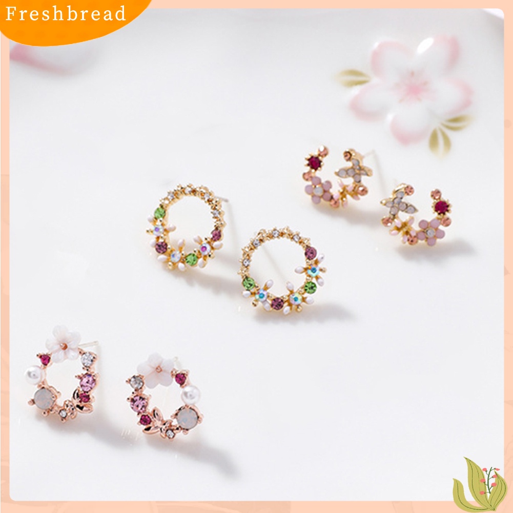 &lt; Freshbread &gt; Wanita Bunga Lingkaran Hati Tetesan Air Mutiara Imitasi Hias Berlian Imitasi Stud Earrings