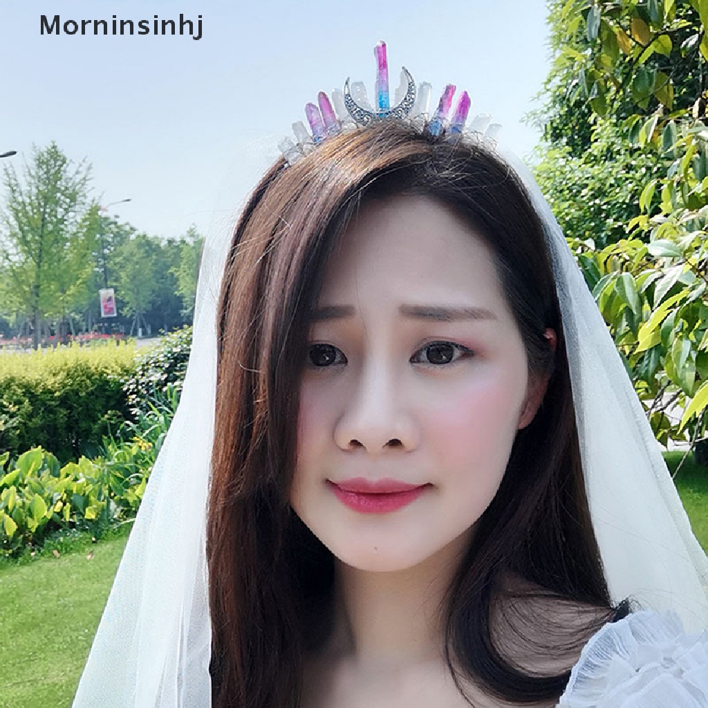 Mornin 1PC Wanita Bulan Dewi Mahkota Kristal Mentah Tiara Handmade Pesta Bando id