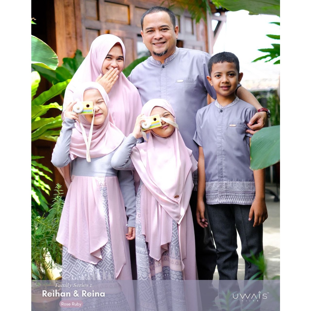 BAJU GAMIS COUPLE KELUARGA PINK GREY ABU  MOTIF PRINT MOTIP BUNGA SIGNATURE FAMILY SET REINA DRESS U