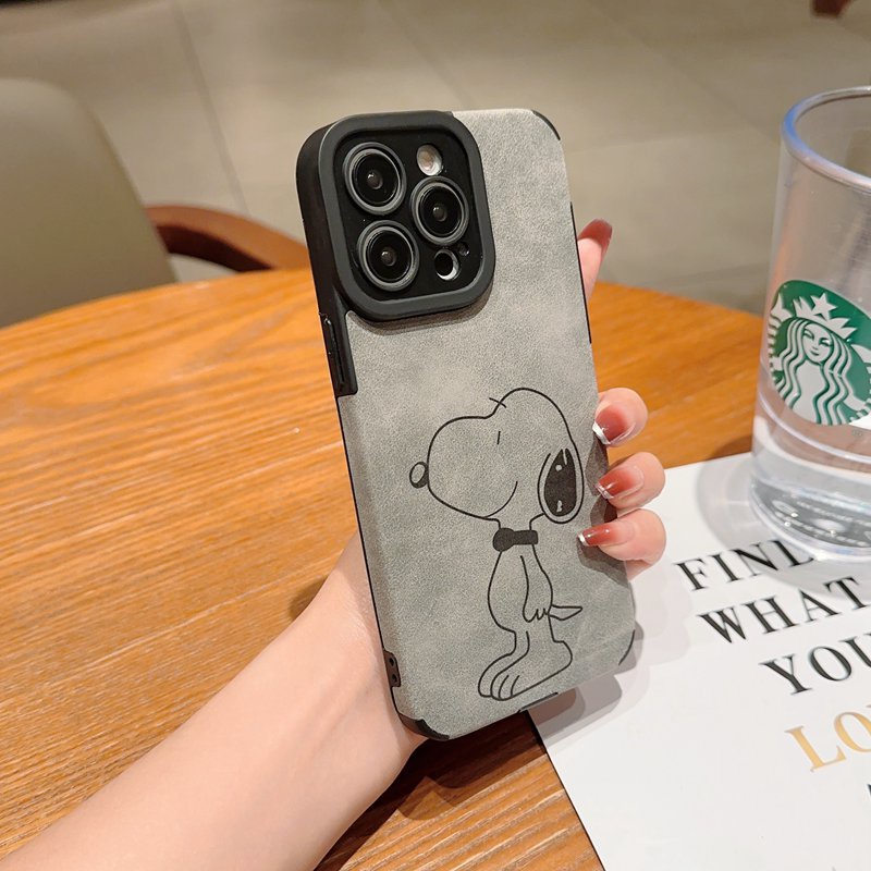 Retro suede Soft Case iP iPhone 7 8 Plus SE 2020 X XR XS Max 11 12 13 14 Pro Max 14 Plus Phone Case Camera Protect Gray Grey Cartoon Anime Snoopy