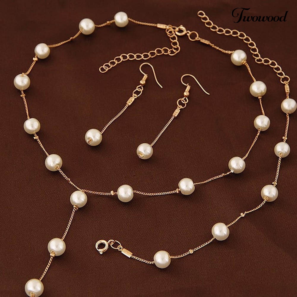 Twowood 3Pcs/Set Wanita Manis Mutiara Imitasi Rantai Panjang Menjuntai Anting Gelang Kalung