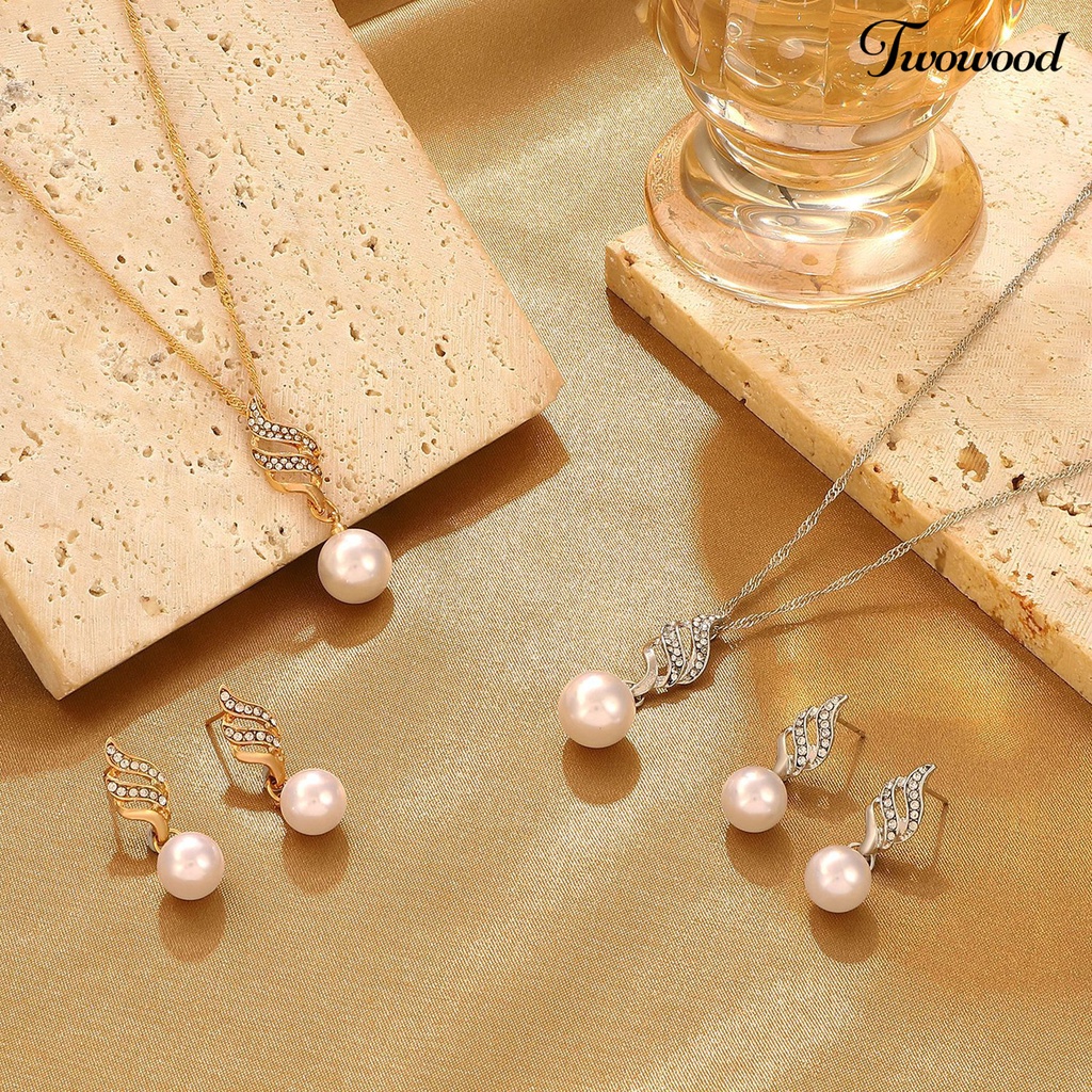 Twowood 1set Kalung Anting Pengantin Bentuk Putar Perhiasan Mutiara Imitasi Set Perhiasan Berkilau Vintage Untuk Pesta