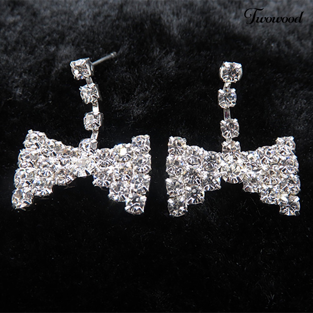 Twowood Shiny Rhinestone Bowknot Clip/Stud Earrings Kalung Set Perhiasan Pengantin Pernikahan