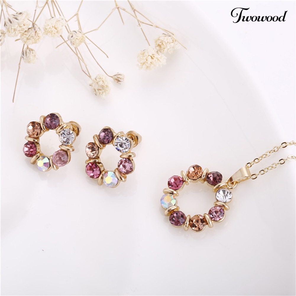 Twowood Wanita Berlian Imitasi Bulat Liontin Rantai Kalung Telinga Stud Earrings Set Perhiasan